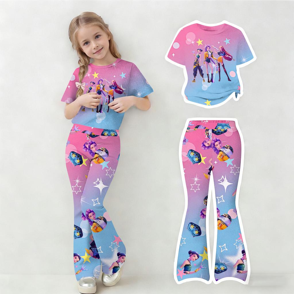 Children's Summer Sports T-Shirt And Bell-Bottom Pants Two-Piece Athletic Set Short Printed Clothing Set