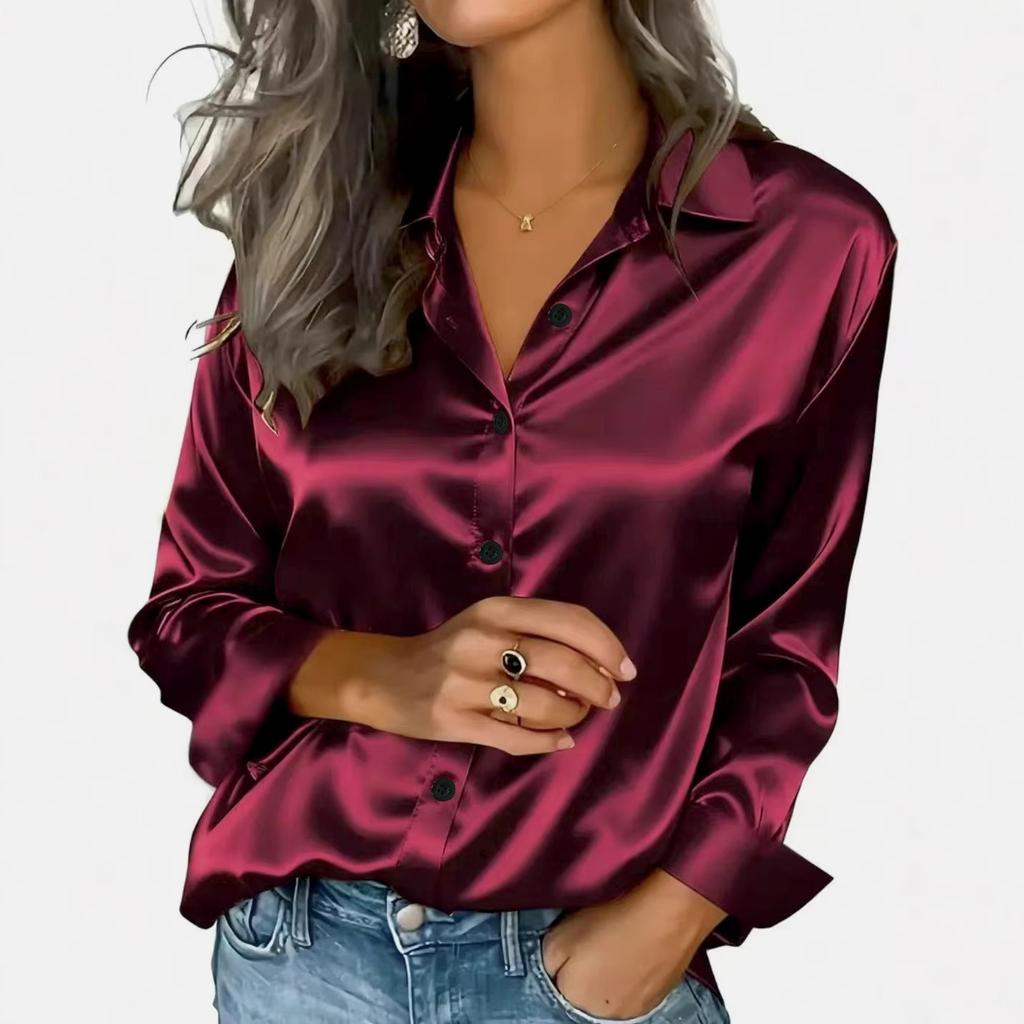 women's Shiny Satin Turn Down Collar Blouse Elegant Long Sleeve Shirt Casual Office Commute Wear Tops