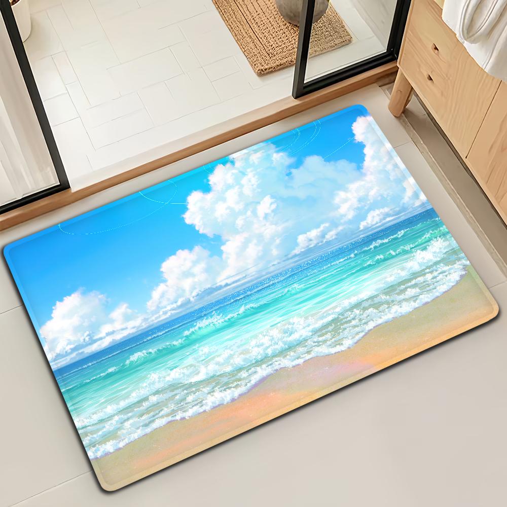 Ocean Spring Beach Wave Summer Door Mat Bath Microfiber Decorative Versatile Flannel Floor Mat Quick Dry Absorbent Non-slip Sole