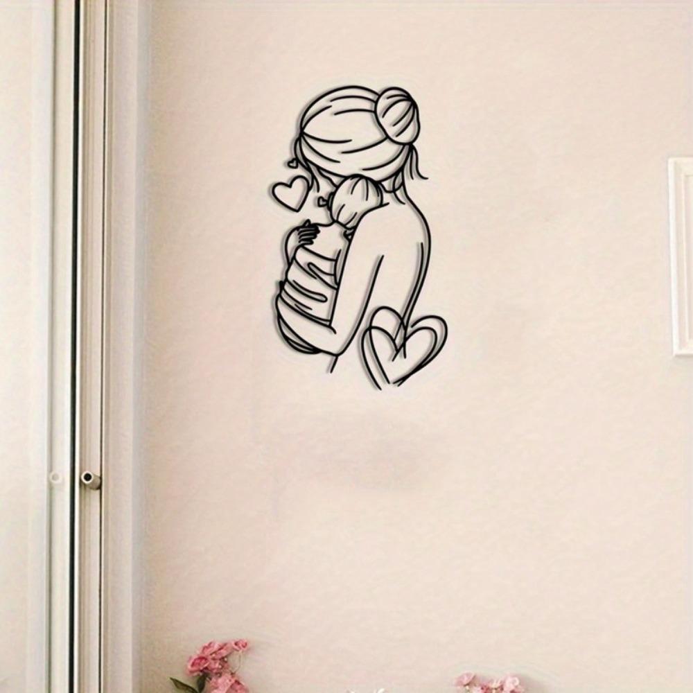 Bezaubernde Wächter und Kind Metall Wandkunst: Eine schlanke, minimalistische Eisendrahtskulptur, ideal zur Aufwertung der Heimdekoration.