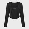Crop top da donna con scollo quadrato, design a lisca di pesce, strisce piccanti, maniche lunghe