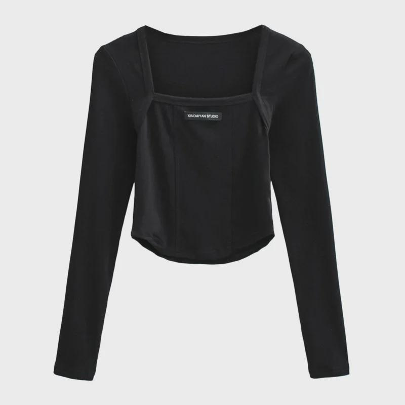 Crop top da donna con scollo quadrato, design a lisca di pesce, strisce piccanti, maniche lunghe