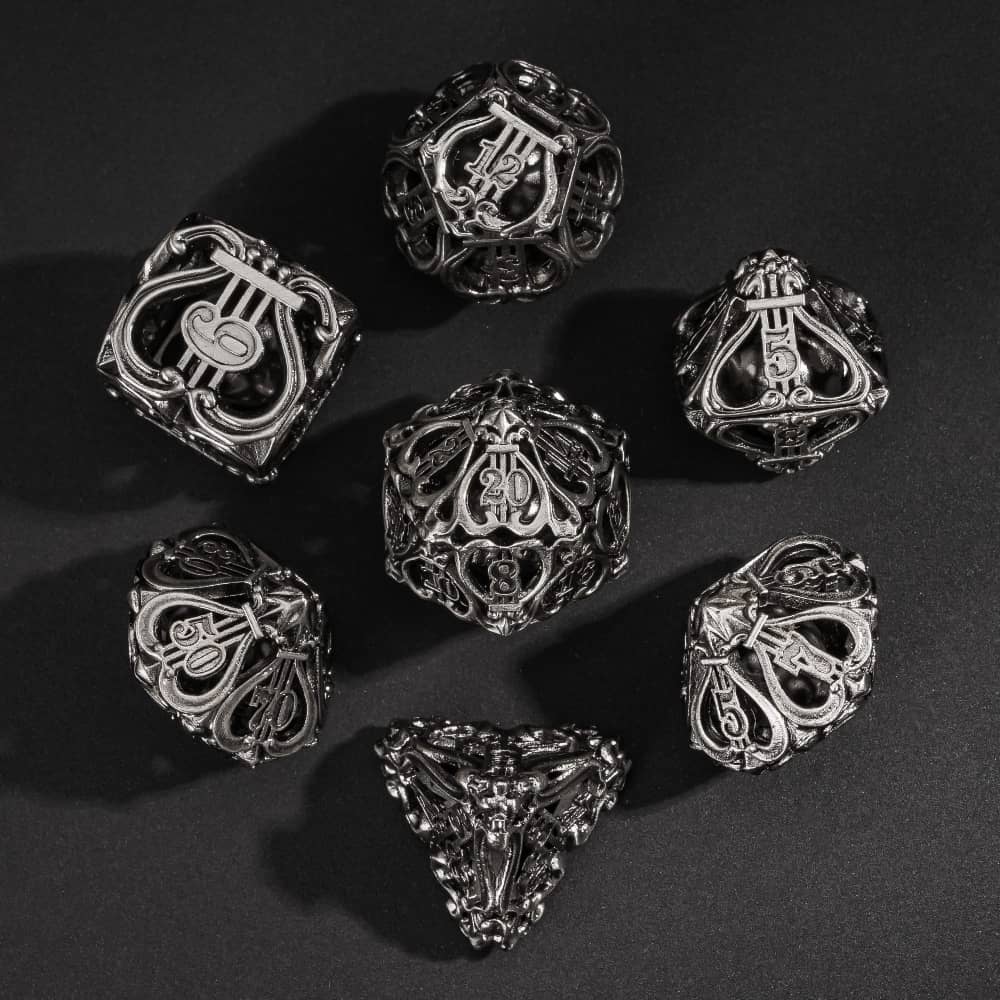 Cusdie Metal Music DND Dice with Small Bells - Unique Sound and Exquisite Hollow Design for D&D Tabletop RPG Gaming Enthusiasts