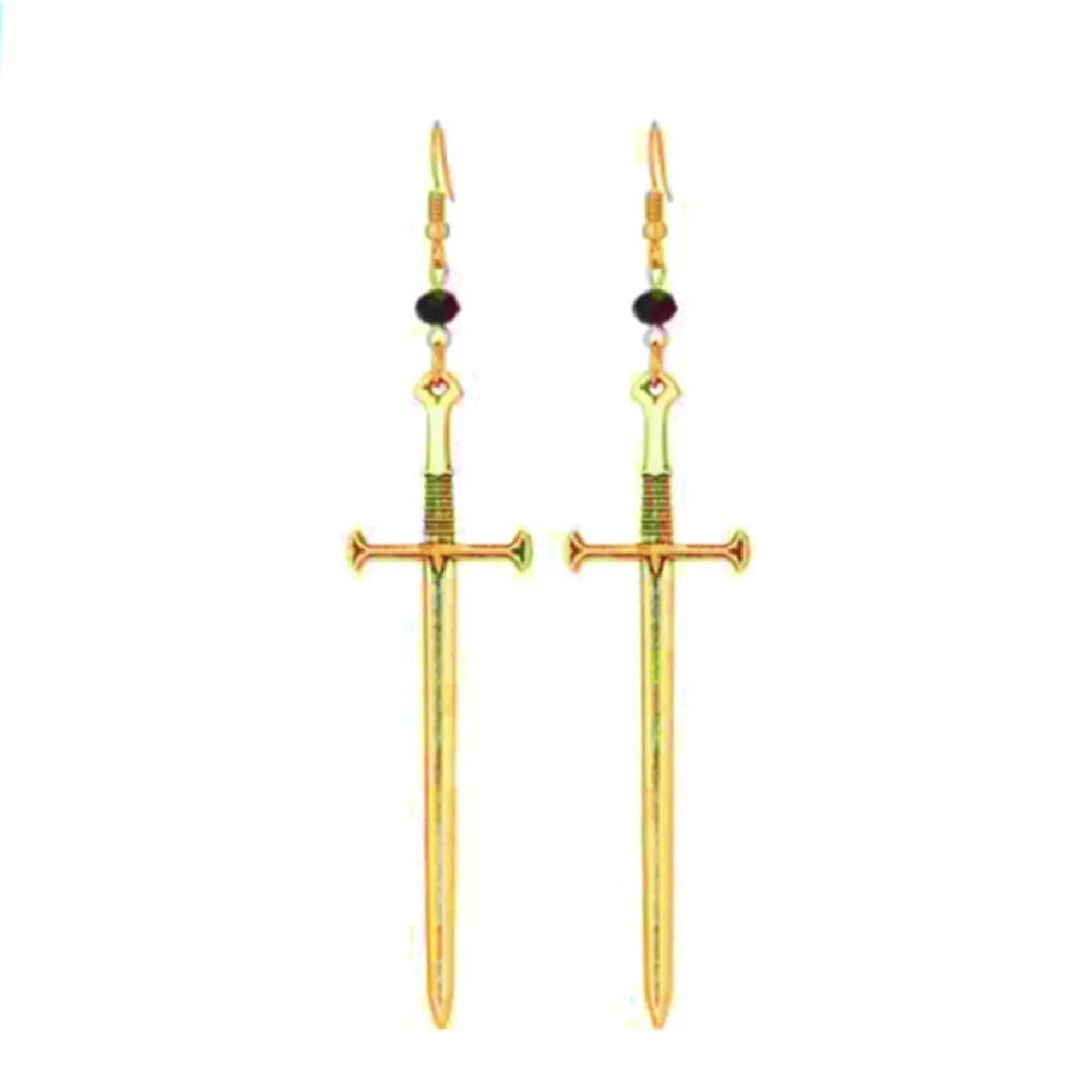 Punk Personality Black Multi-faceted Round Beads Silver Color Long Sword Cross Dangle Earrings for Women Men Gothic Jewelry Gift