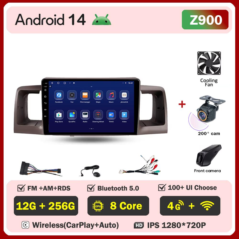 Android 14 For Toyota Corolla E130 E120 2000-2004 Car Multimedia Video Player Carplay Screen Intelligent Systems GPS Navigation