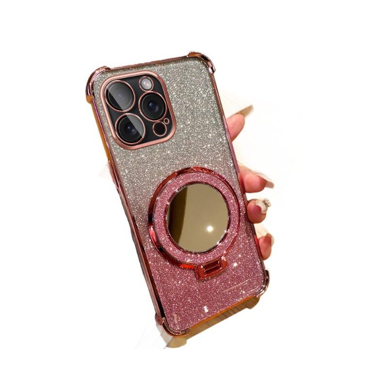 Glitter makeup mirror holder phone15promax mobile phone case Apple 14 four-corner airbag anti-drop 13 soft cover 2