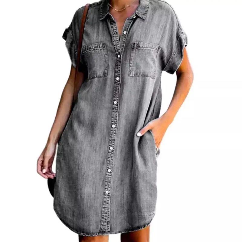 2025 European & American Lapel Short Sleeve Slimming Denim Shirt Dress for Women
