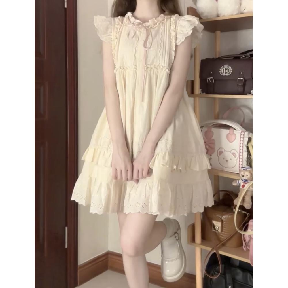 Milk Sweet Small Flying Sleeve Dress Women's Summer Small Retro Fungus Lace Princess Doll Short Dress
