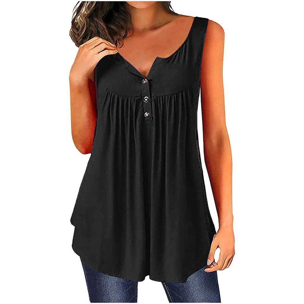 Womens Summer Sleeveless Solid Color Casual Swing Flowy Tank Tops With Buttons