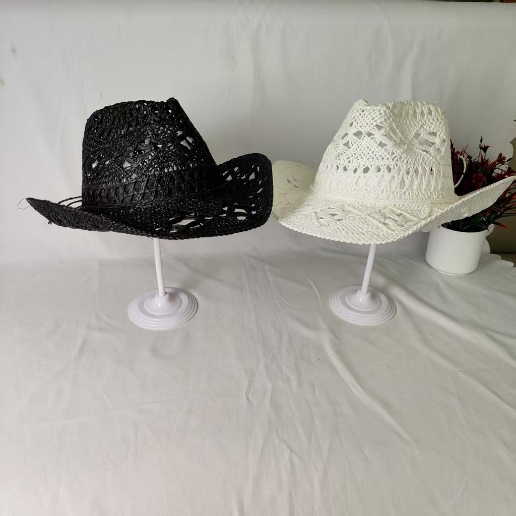 Sommer Sonnenblende Kinder hohl atmungsaktiv Strand handgewebter Strohhut Retro Glockenhut Cowboyhut