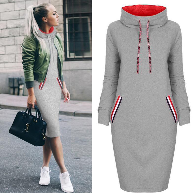 Winter Women's Long Sleeved High Neck Hoodie Dress