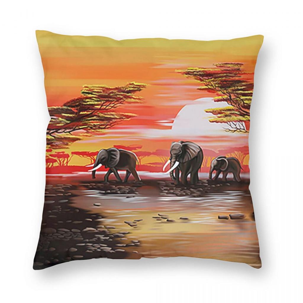 African Sunset Scene And Elephants Square Pillowcase Pillow Cover Cushion Throw Pillow for Home Sofa Living Room