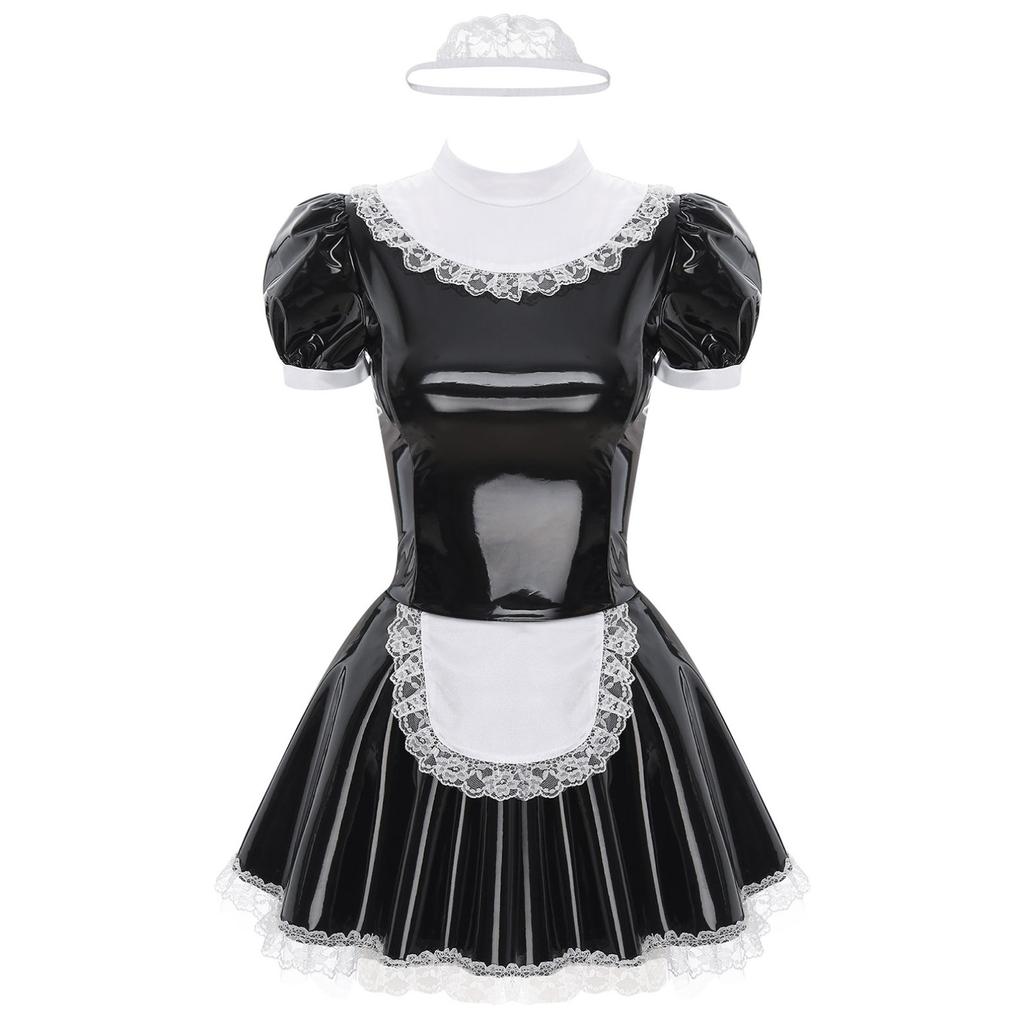 Womens Patent Leather Maid Cosplay Costume Short Sleeve Lace Trimming Maid Role Play Outfit