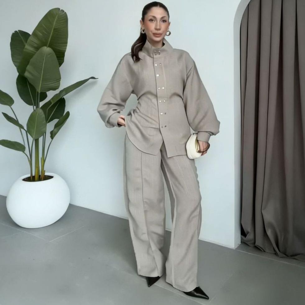 Cross-border European and American women's clothing Amazon stand-up collar casual button lantern sleeve top fashion wide-leg pants