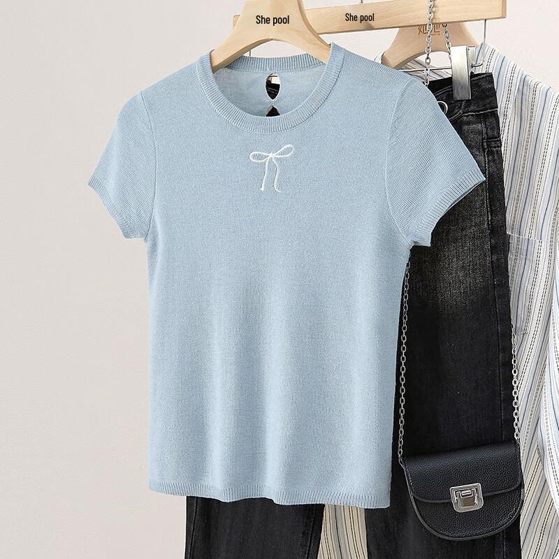 Women s Butterfly Embroidered Short-Sleeve Knit Top L