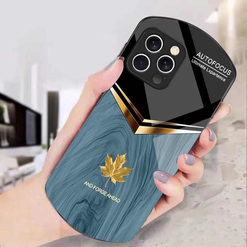 V-shaped Maple Leaf For Iphone 11 12 13 14 15 16 Pro Max Plus Mini 7 8 Se 2020 X Xs Xr Elliptical Tempered Glass Phone Case