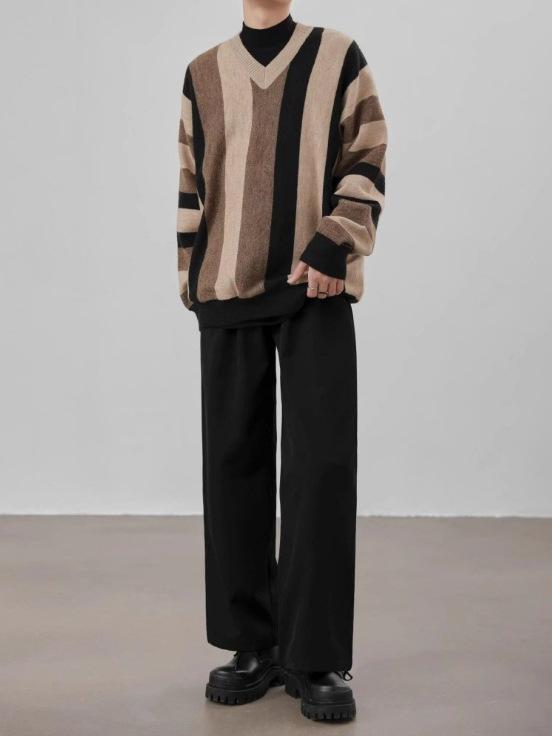 Men's Korean Style Striped V-Neck Autumn/Winter Loose Knit Color Block Pullover Sweater