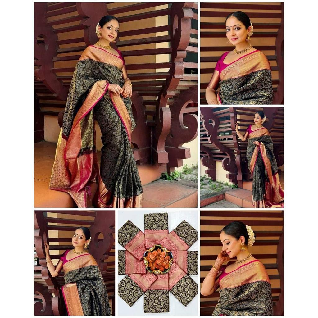 New Launch – Elegant Soft Lichi Silk Saree with Rich Jacquard Weaving & Contrast Blouse Elegance