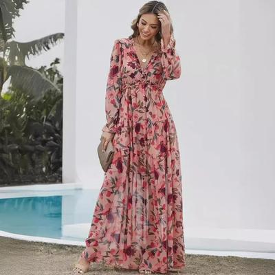2024 Long-Sleeved European & American Women's Fashion Print Evening Gown