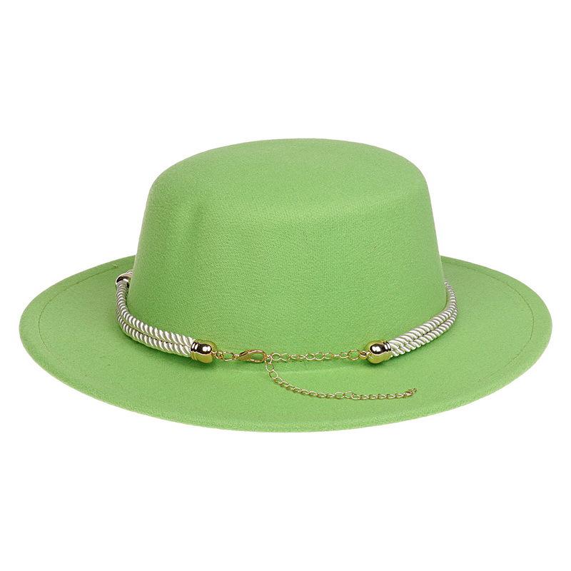 Women's Wool Felt Flat Top Fedora Hat - French Autumn/Winter Retro Style with Chain