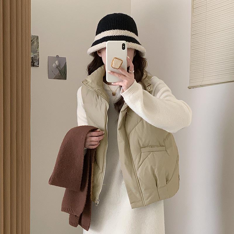 Loose Cotton Sleeveless Vest with Side Zipper for Women, Korean Style Solid Color Coat for Autumn and Winter