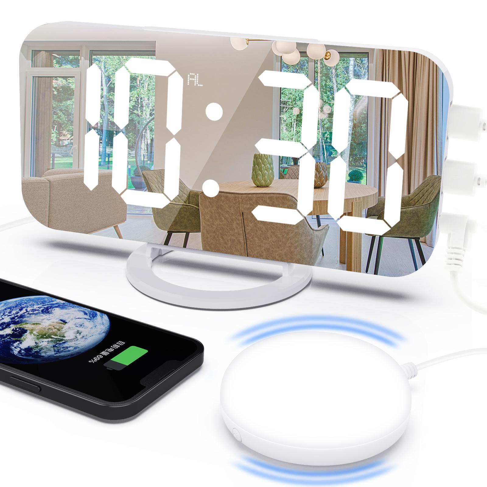 Clock Wake Up Light Vibrating Alarms Snooze Mirror Night Light for Heavy Sleepers Deaf Adults Snooze Automatic Dimming