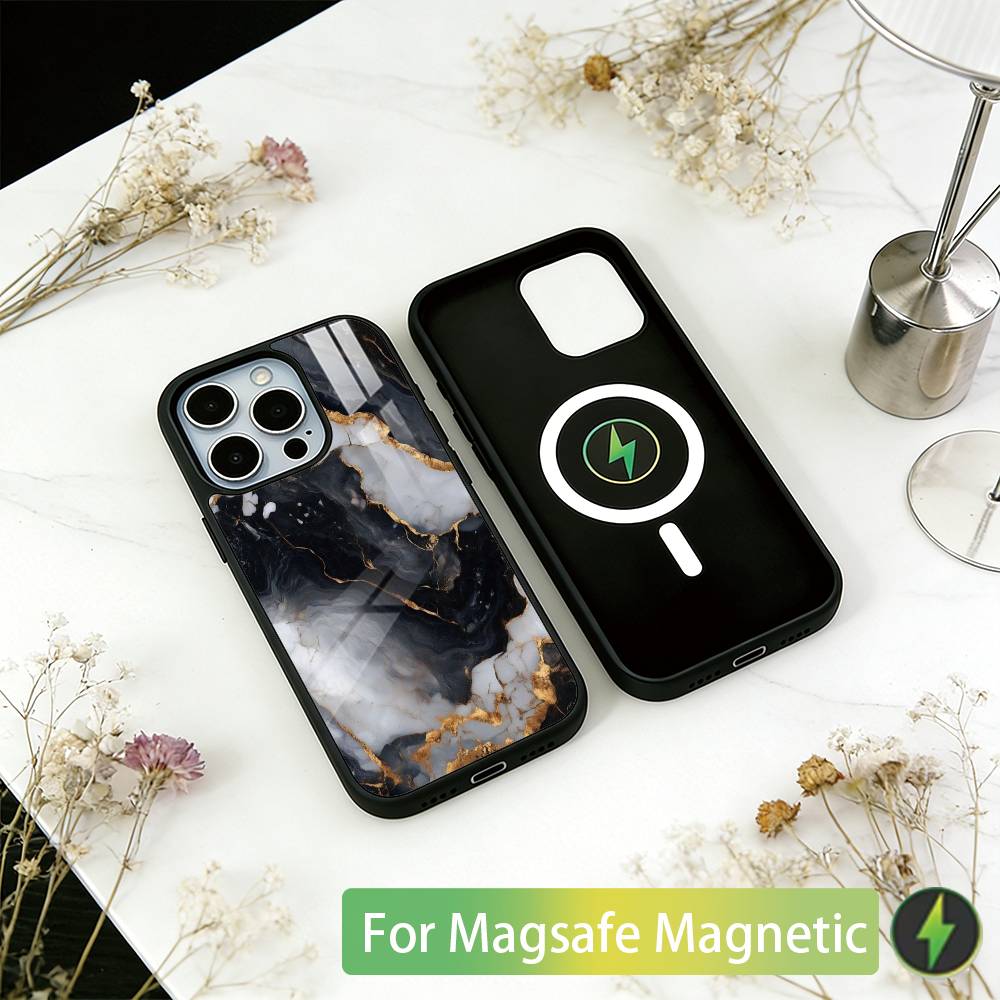 

B-Black Gold Marble Art Phone Case For iPhone17,16,15,14,13,12,11 Plus,Pro Magnetic with Magsafe Wireless Charging iPhone17ProMax