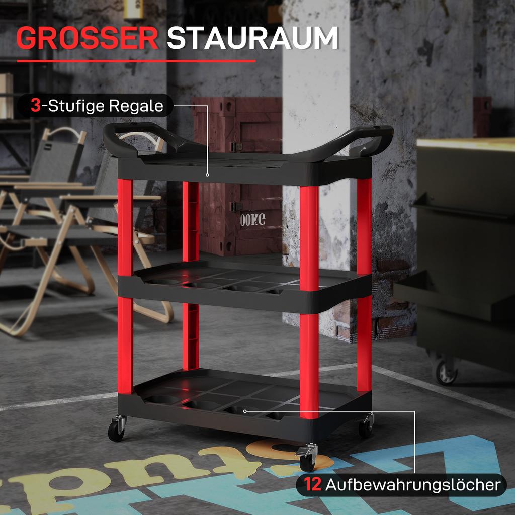 3-Tier Rolling Tool Cart, Tool Trolley On Wheels, Plastic Mobile Service Utility Cart with Handles for Garage, Mechanics and Warehouse, 91kg Capacity