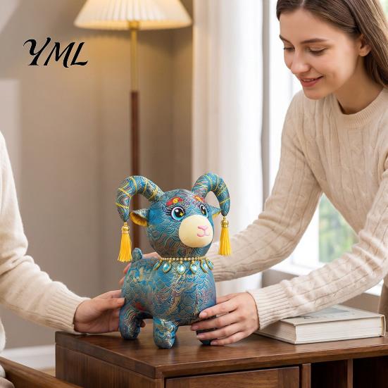 Decorative Animal Figurine Chinese Zodiac Sheep Plush Doll, Brocade Fabric Lamb Mascot with Stuffed Toy Tassel Horns And Gem Necklace, Auspicious New