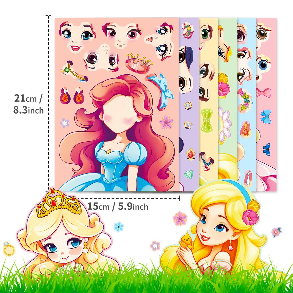 6 Packs Make A Face Children'S Princess Face Change Stickers Shrimp Skin Cartoon Educational Toy Puzzle Stickers