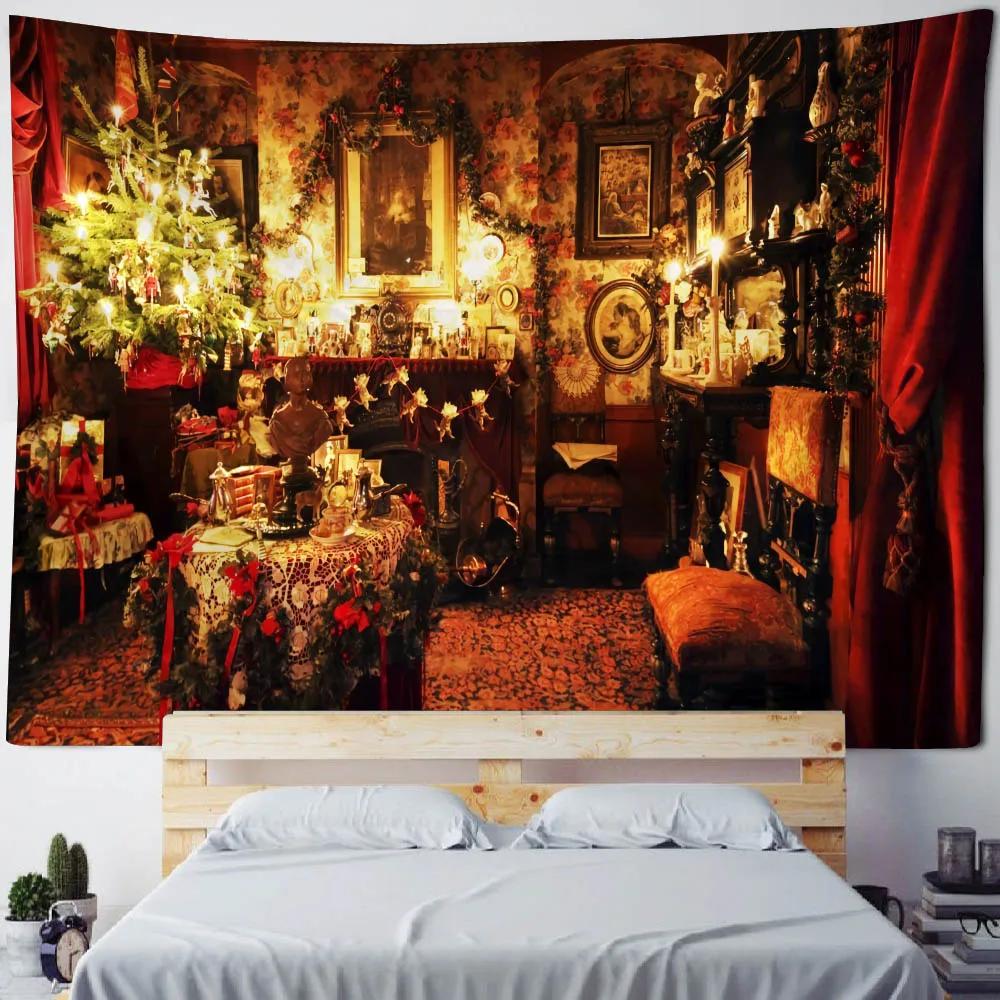 Christmas Scene Tapestry Wall Hanging Christmas Tree Fireplace Santa Claus Home Decoration Bohemian Hippie Printed Cloth