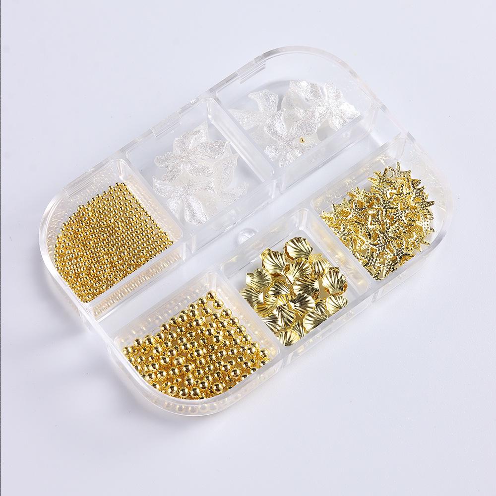 2026 Shell Starfish Boxed Nail Art: Steel Beads, White Translucent & Five-Petal Flowers