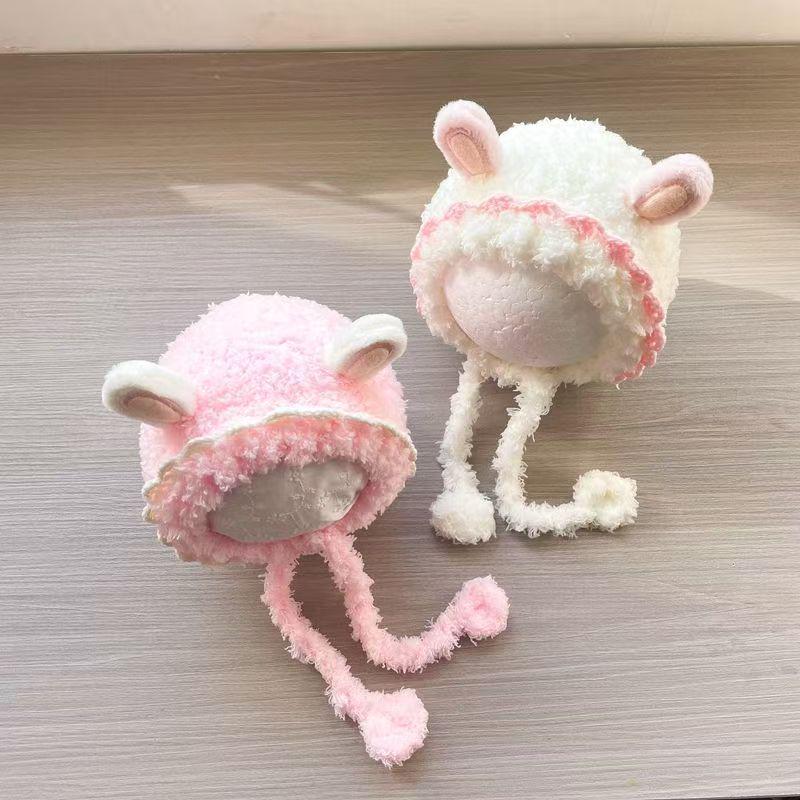 Adorable Children's Plush Knit Hat with Lace Ear Protection for Boys and Girls - Warm and Thick for Autumn and Winter