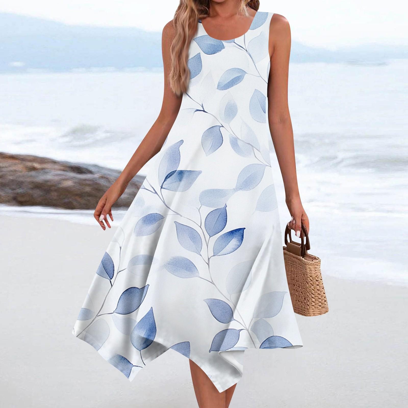Women s Sleeveless Floral Midi Dress with Asymmetrical Hem Elegant Blue Watercolor Print for Summer Events S