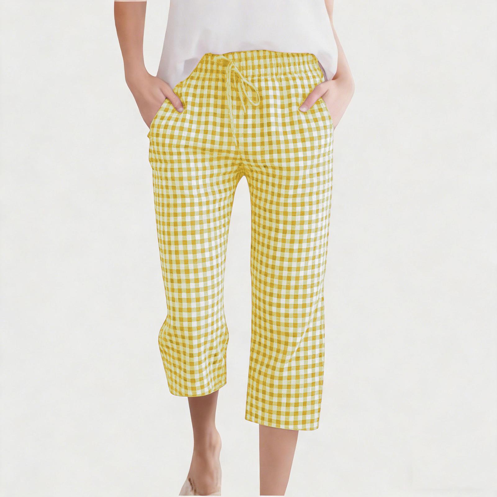 

Children s Fashionable And Cute Checkered Elastic Waist Pocket Casual Girls Cropped Pants 160 жовтий