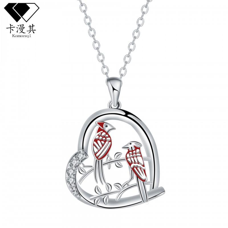 Womens Nature-Inspired Bird Pendant Necklace With Heart Charm Copper Cross Chain Fresh Sweet Style Jewelry