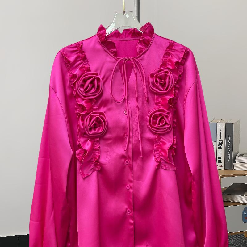 Fashion New Long Sleeve Loose Casual Shirt Women Elegant Solid Single Breasted Flowers Blouse Women Top Vintage Polo Collar Office Ladies Shirts 25807