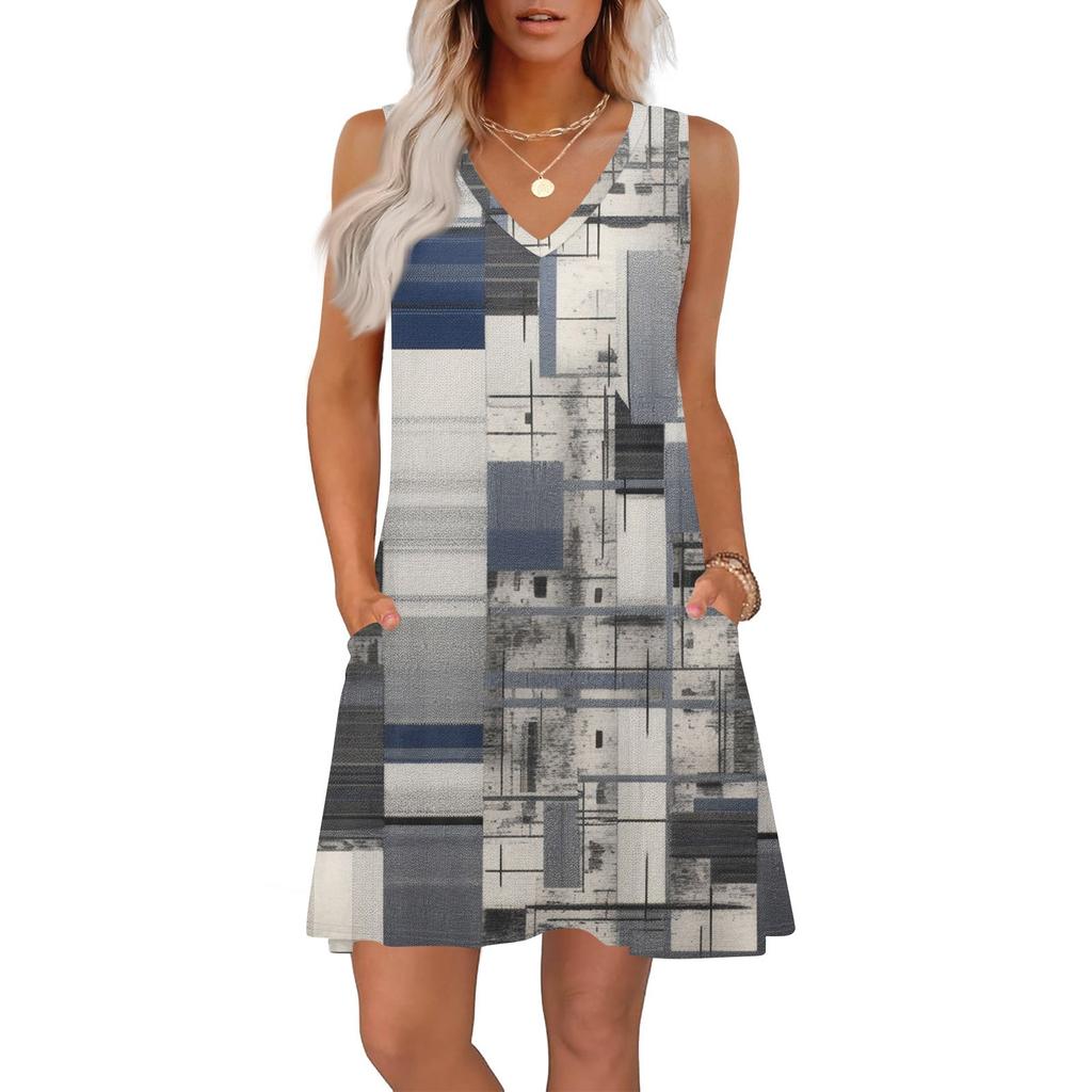 Women's Summer Dresses Loose Fit Printed V Neck Sleeveless Sundresses Beach Hawaiian Dress With Pockets