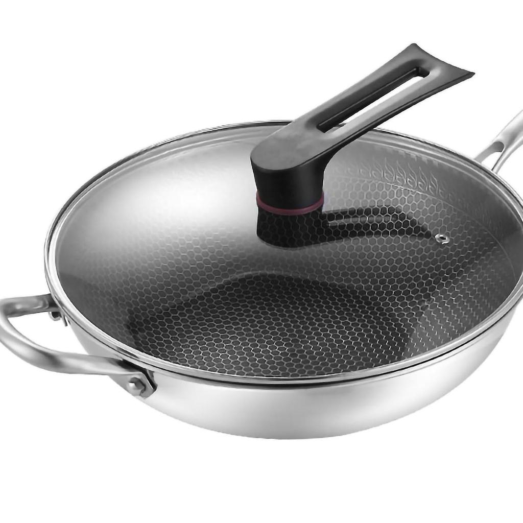 Poêle wok double face en acier inoxydable, nid d'abeille, 3 couches, antiadhésive, facile à nettoyer, pour cuisine, 34 cm (avec couvercle et oreilles)