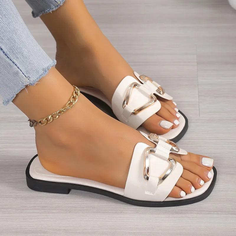 Fashion Luxury Women Slippers Buckle Design Small Incense Style Casual Wome's Flat Sandals External Wear Summer Sandy Beach Woman Slides