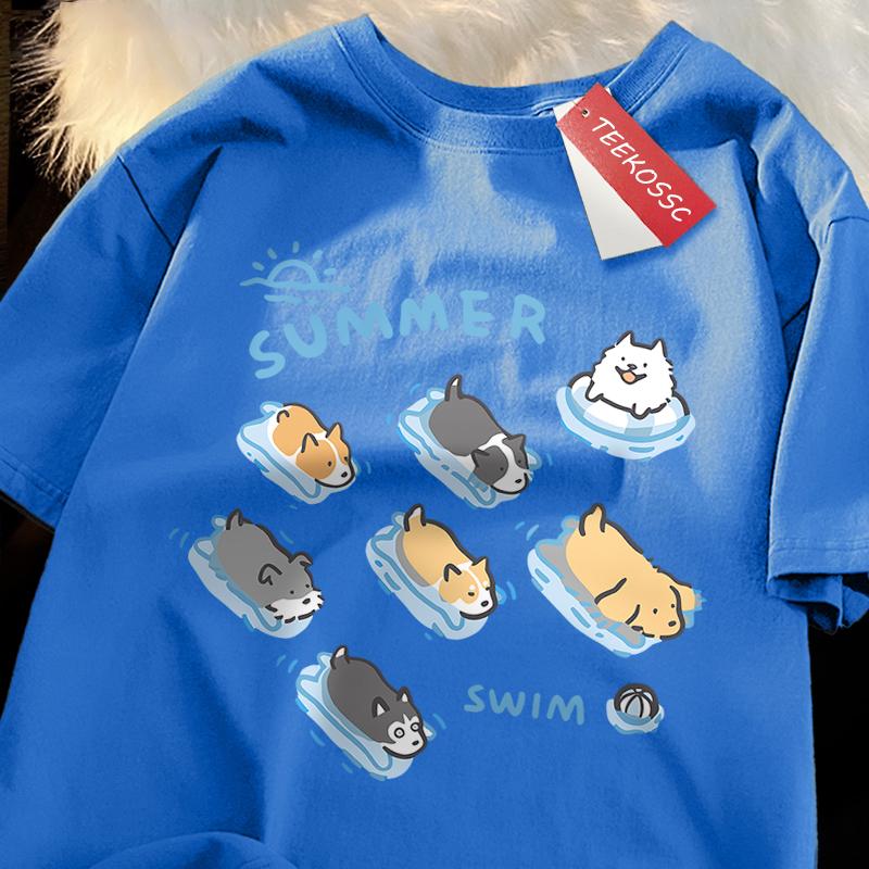 Fun Cat And Dog Swimming Japanese Style T-Shirt Female Casual Loose T-Shirts Summer Tops Fashion Breathable Tee Clothing