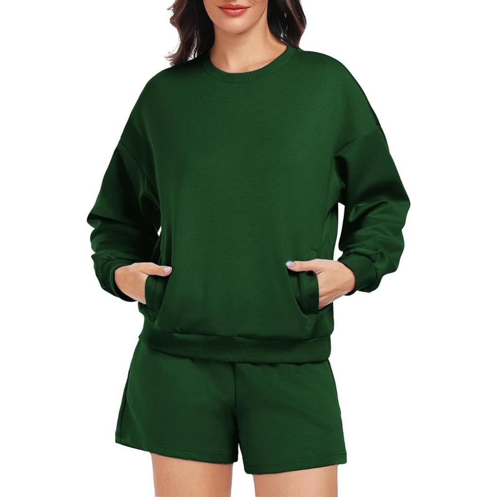 Women's Loose Tracksuit Long Sleeve Sweatshirt Elastic Waist Shorts Casual Loungewear Set