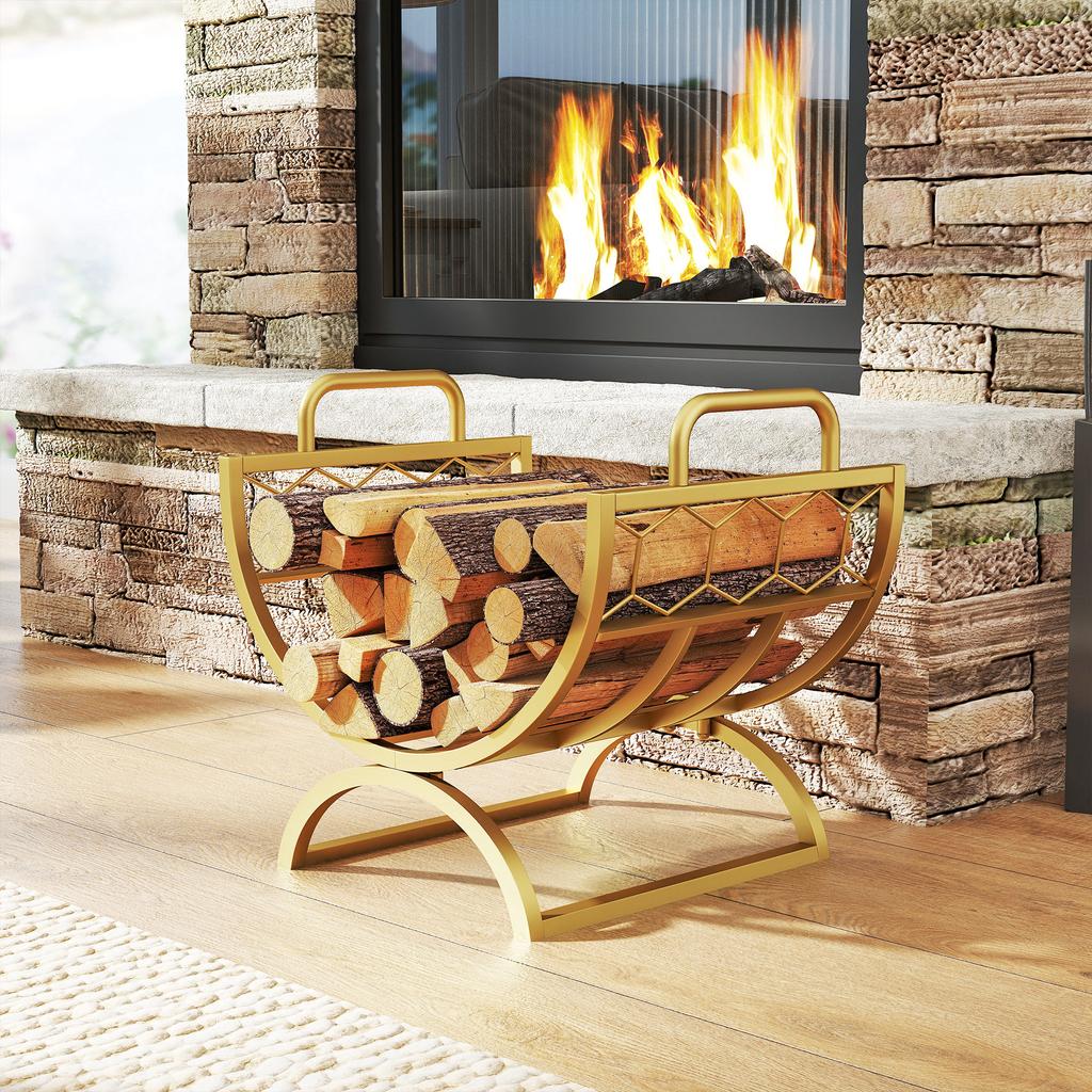 Indoor Firewood Rack 46 x 36 x 41cm Firewood Rack for Fireplace Stove Metal Gold