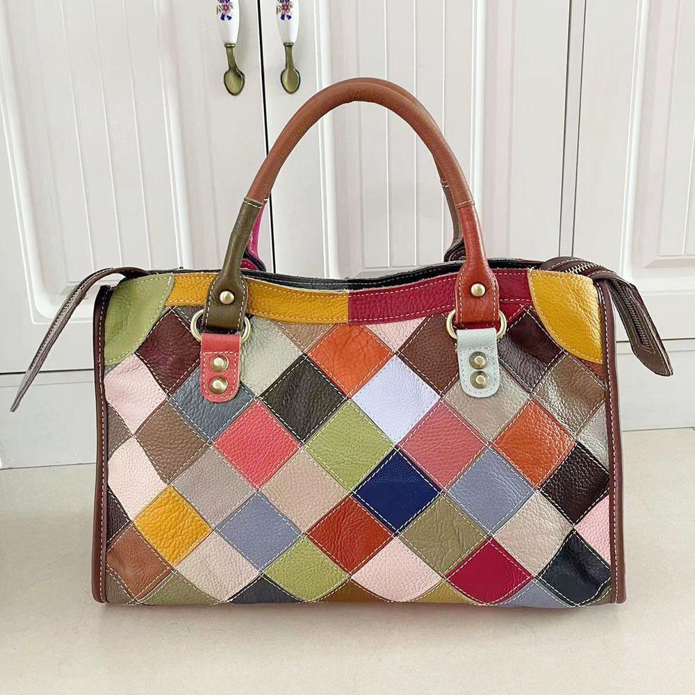 Style Sub-Leather Women'S Bag Handbag Colored Cowhide Rhombus Splicing Shoulder Messenger Bag Casual Big Bag