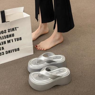 Mode Heißverkauf 2025 Damen High Heel Dicke Sohle Sandalen Sommer Silber Strand Lässige Slipper Gummisohle Bequemes Fußbett