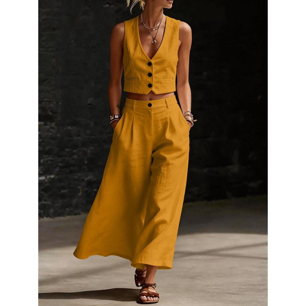 Completo Due Pezzi da Donna Vestibilità Larga Canotta Senza Maniche Scollo a V Pantaloni a Gamba Larga Vita Alta