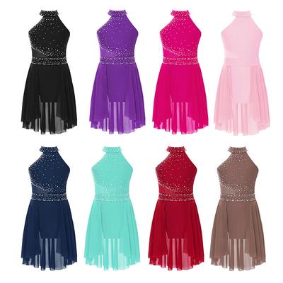 Girls Sparkly Rhinestones Leotard Dress Sleeveless Irregular Hem Lyrical Dance Performance Elegant Outfit