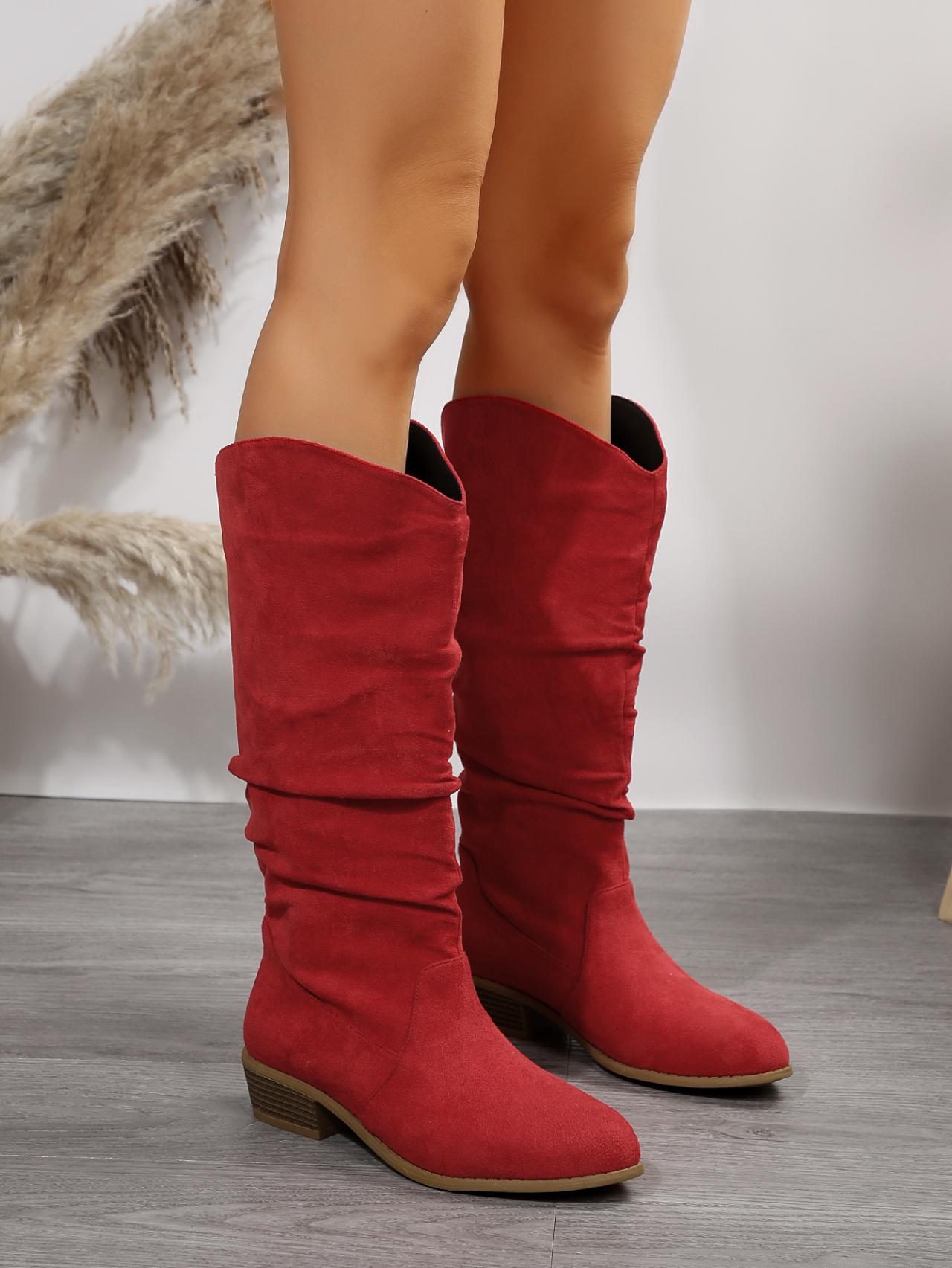 

Fashion Women s Fur Suede Boots Fashionable Pleated Boots Women s Round Toe Slip-On Mid-calf Boots Low Heel 42
