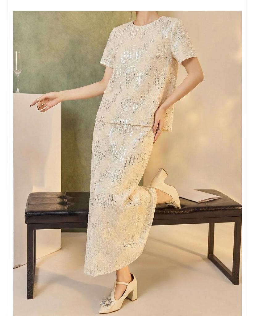 Elegant Sequin Embellished Chinese-Style Women's Shirt and Skirt Set – Spring/Summer Collection