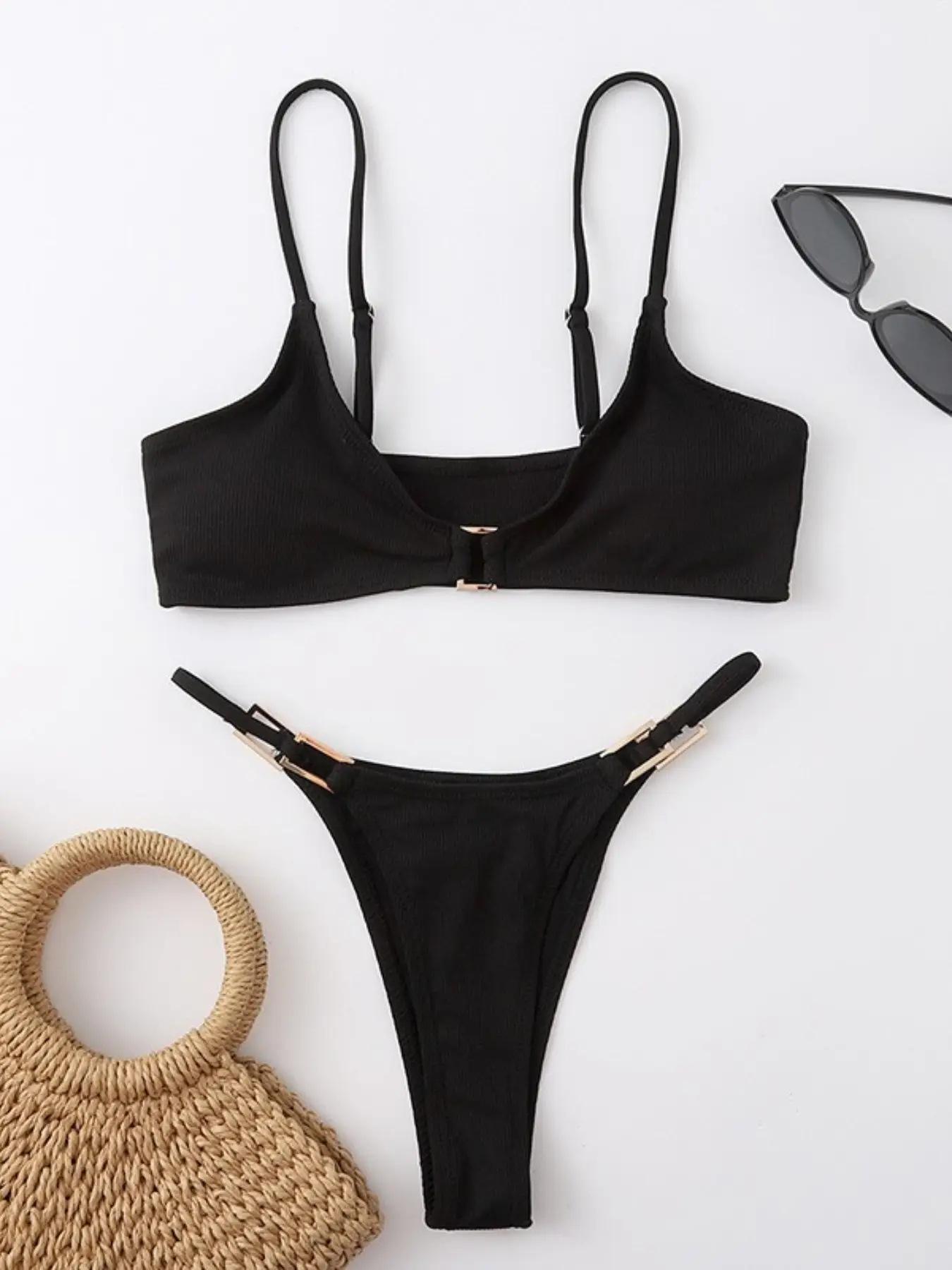 

Женский рубчатый купальник-двойка - Однотонный, Сексуальное летнее бикини S